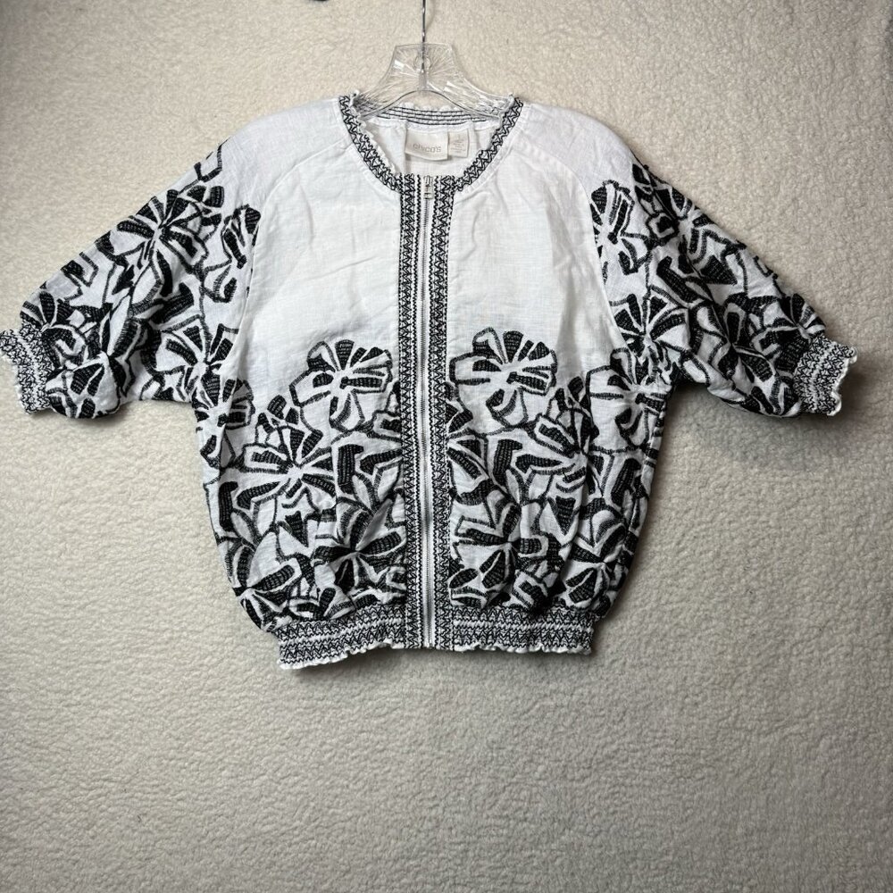 Chico's White and Black Embroidered Zip-Front Blouse